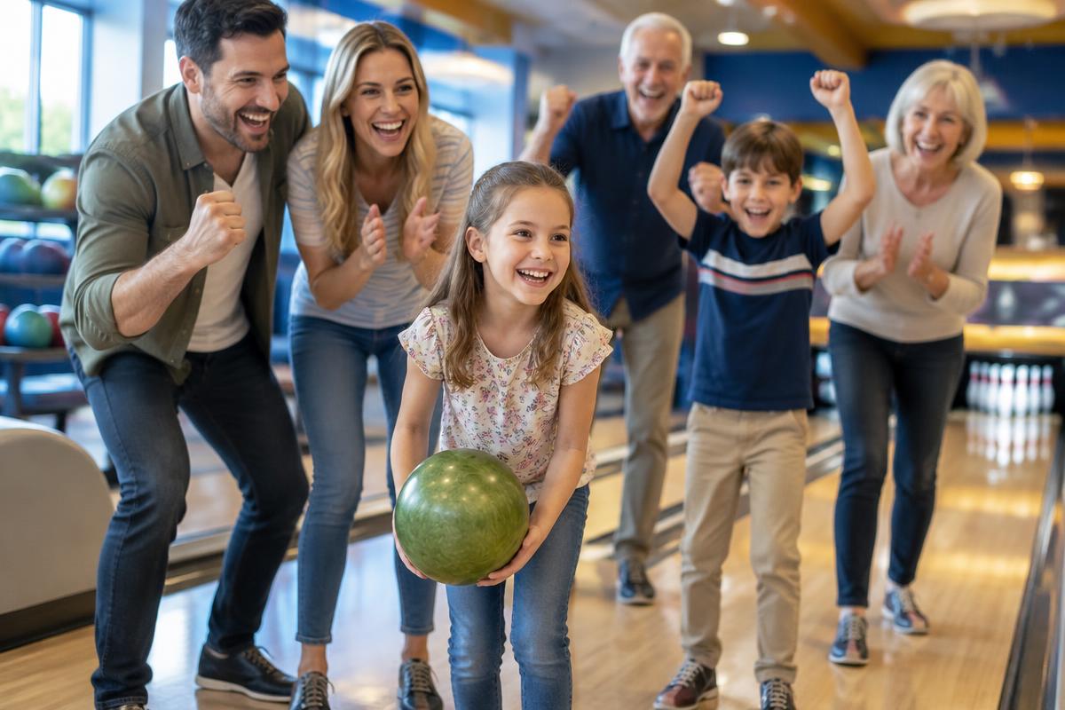 Illustrative lifestyle photograph of a family laughing together at a bowling lane