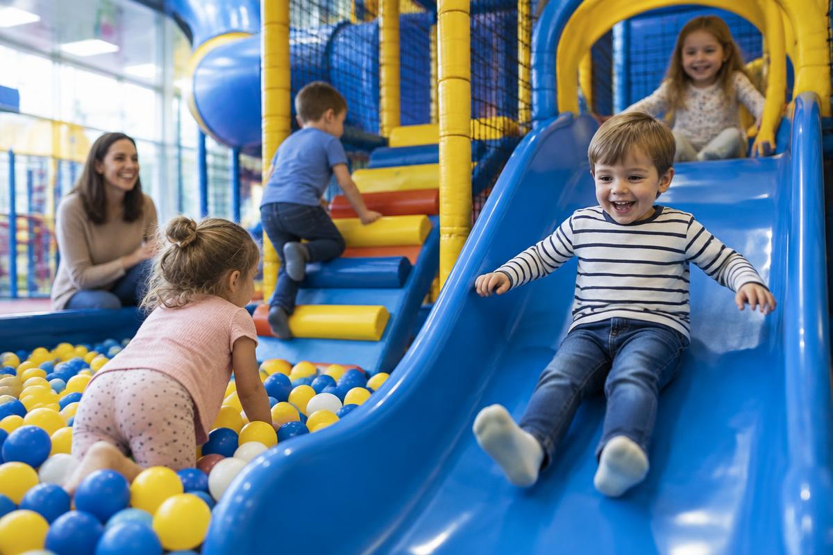 Illustrative lifestyle photograph of young children playing on an indoor soft play structure