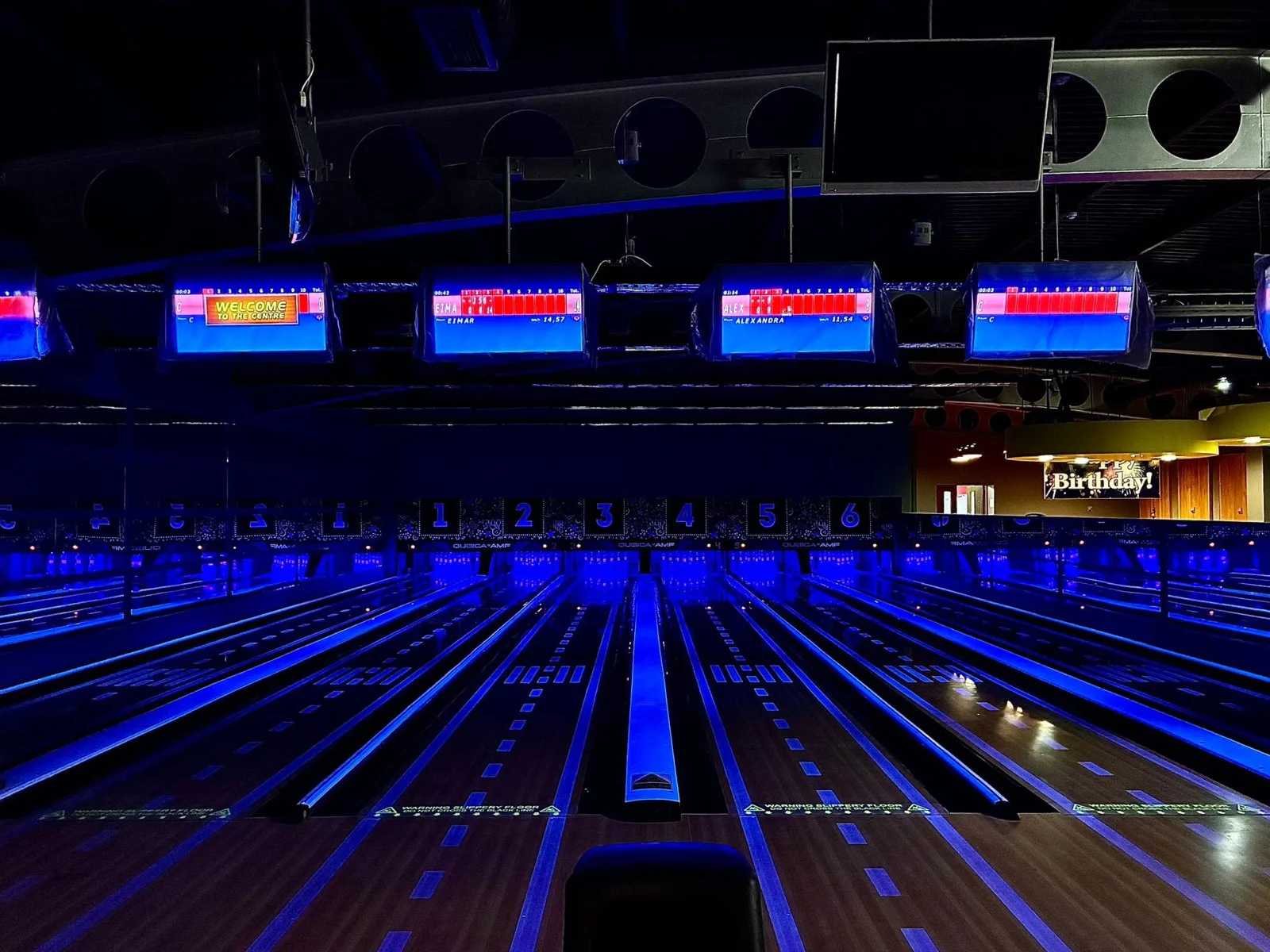 Ten-pin bowling lanes and scoring screens at Carrick LeisureZone in the Mulvey Centre