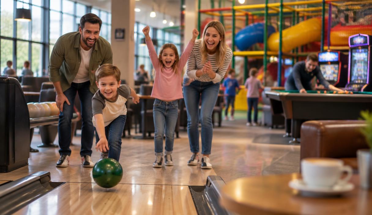 Lifestyle scene of bowling, soft play, pool, arcade games and coffee