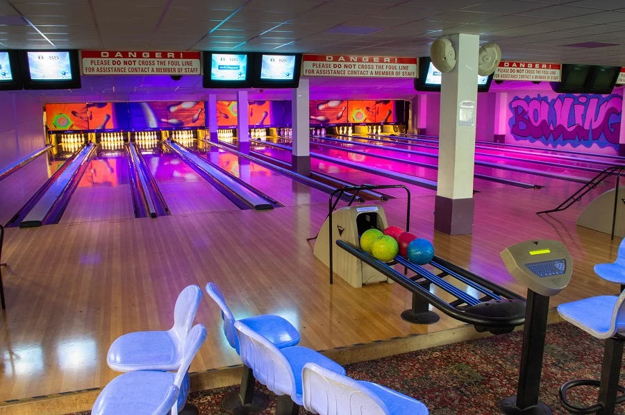 Bowling lanes, colourful bowling balls and seating at Longford LeisureZone