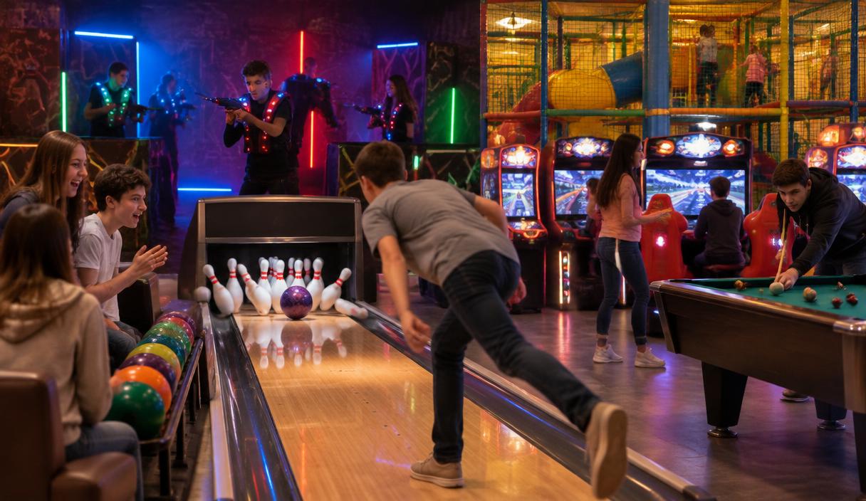 Lifestyle scene of bowling, soft play, pool, arcade games and laser tag