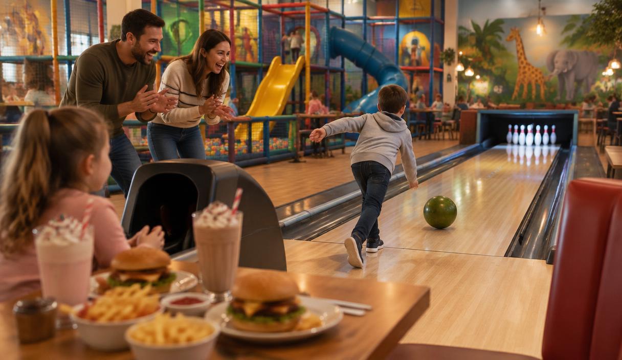 Lifestyle scene of bowling, soft play, arcade games and diner food